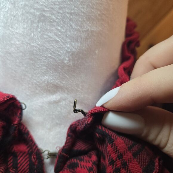 LRL Lauren Jeans Ruffled Mock Neck Top Size S Red‎ & Black Classic Plaid Cotton - Picture 4 of 8